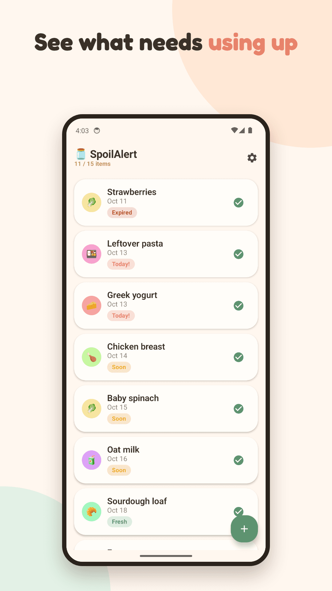 SpoilAlert list of items with Expired, Today and Soon labels