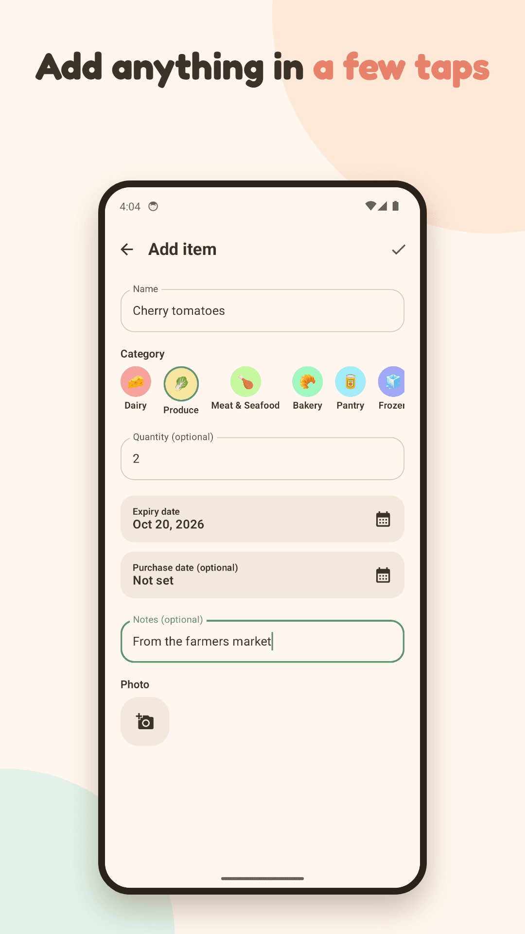 SpoilAlert add item screen with name, category, quantity and expiry date