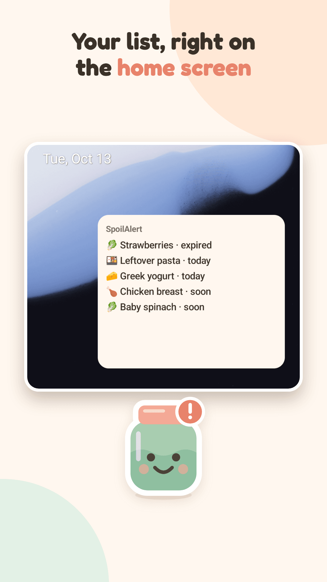 SpoilAlert home screen widget listing items by how soon they expire