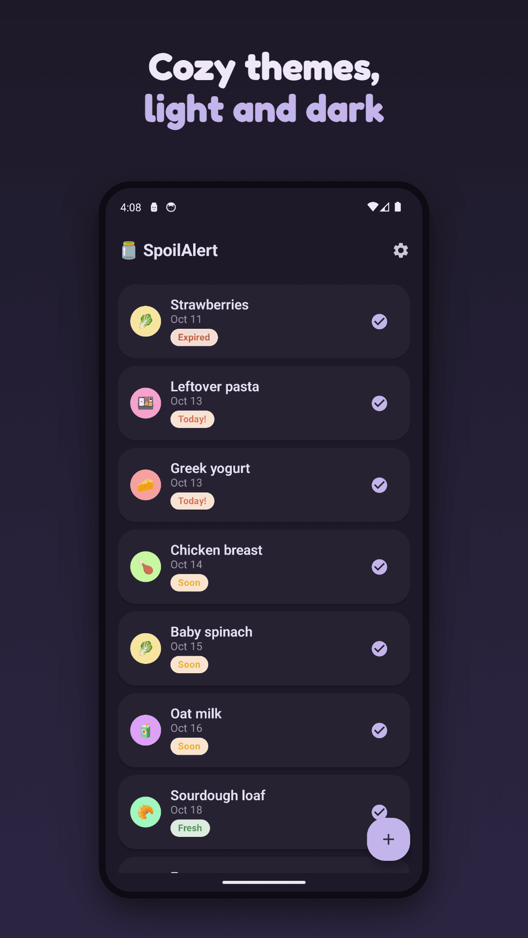 SpoilAlert in dark mode with the Lavender Dusk theme